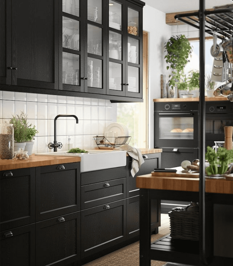 Dark Kitchen Cabinets with Oak Countertops by IKEA