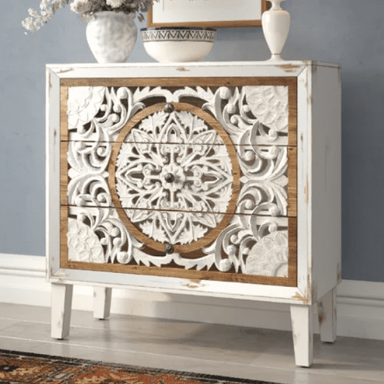 Hand Carved Wood-&-White Accent Cabinet