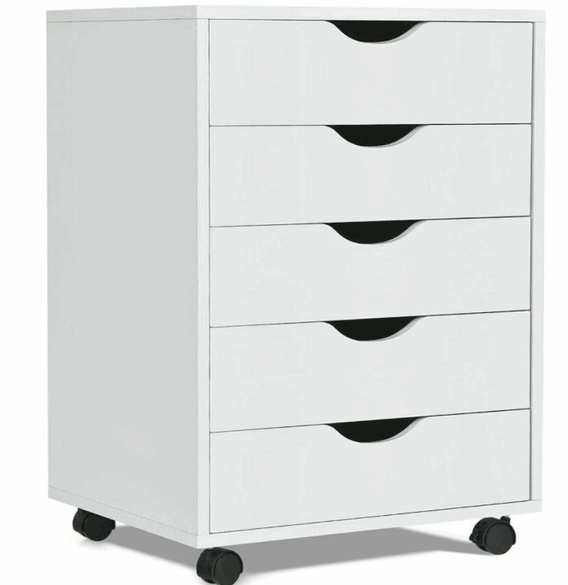 Costway 5 Drawer Dresser Storage Cabinet Chest w/Wheels for Home Office White