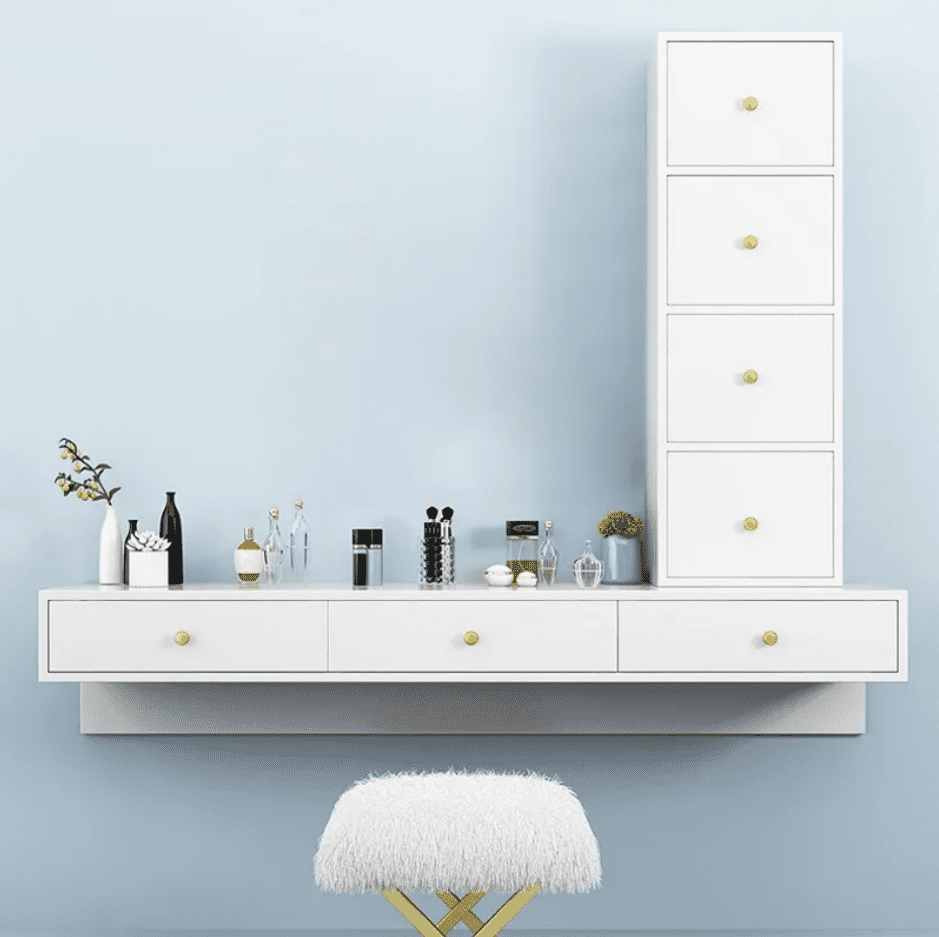 Modern White Floating Desk with Drawers Wall Mounted Desk in Pine Wood Frame