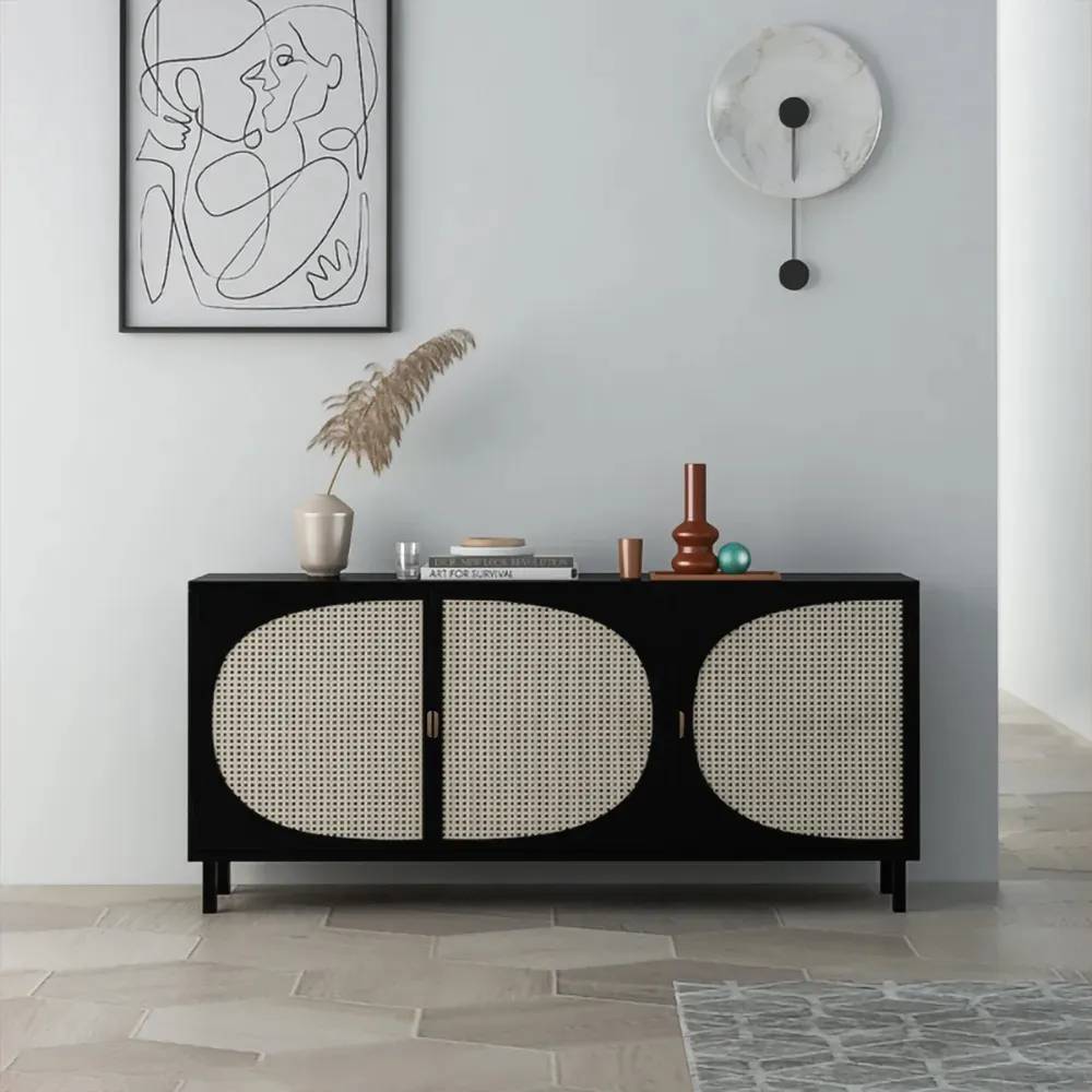 Rectangular Black Rattan Sideboard Buffet 