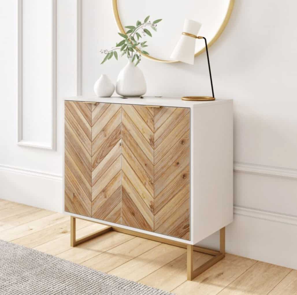 White Wood Herringbone Small Accent Cabinet Gold Legs