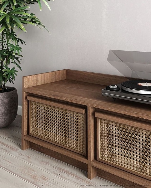 Rattan-Accented Media Cabinet