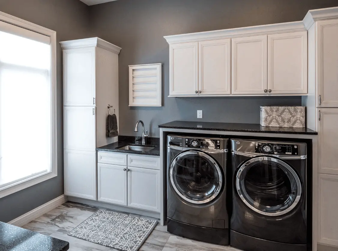 Bright White Laundry Room Cabinets