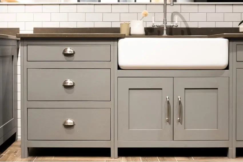 grey kitchen counter inset cabinet